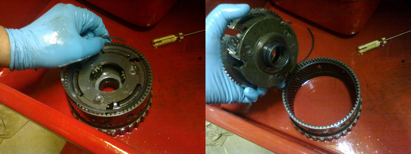 We didn’t take the front planetary apart during disassembly, but briefly removing this snap-ring makes cleaning easier